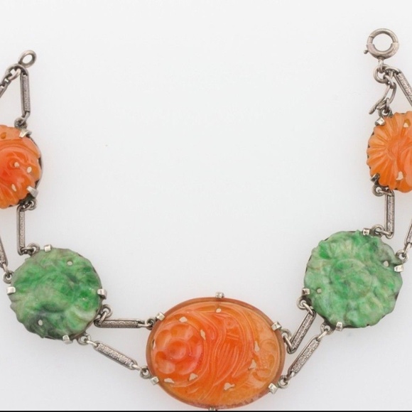 Sterling Silver Carved Floral Red Jadeite & Jade Hinged Bar Link Bracelet - 7.5" - Picture 3 of 8